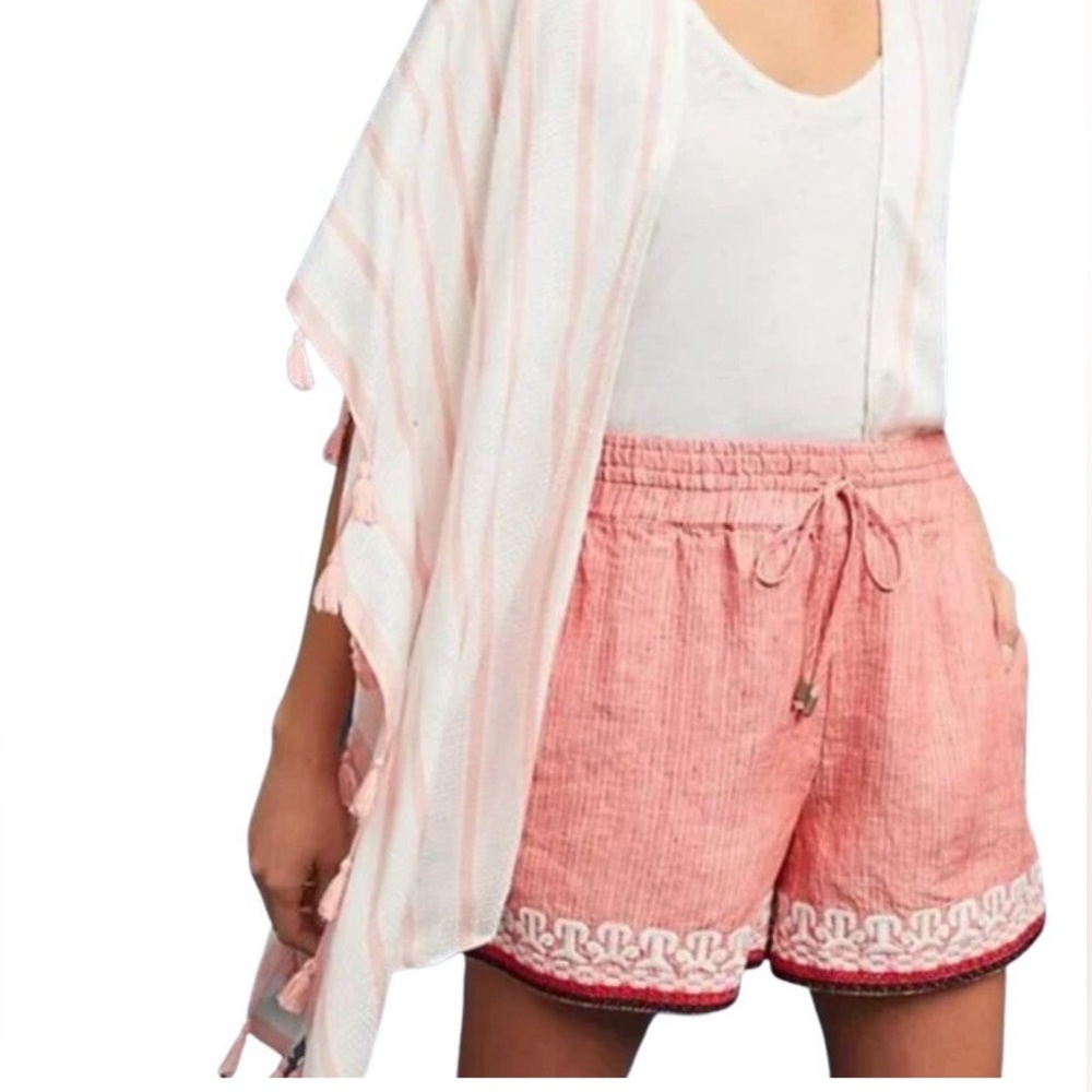 Anthropologie Beach Comber Linen Coral Embroidered High-Rise Shorts Size small